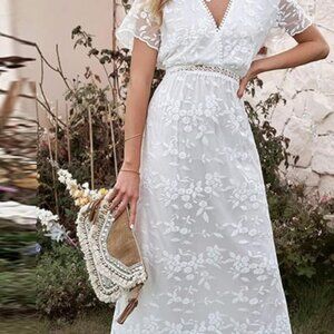 Women's Casual Off Shoulder Lace Maxi Dress Boho - White, Size L